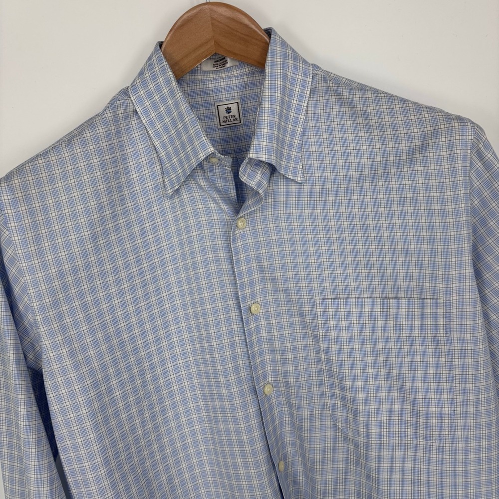 Peter Millar Button Down Shirt Mens Medium Blue Plaid Check Cotton Crown Sport